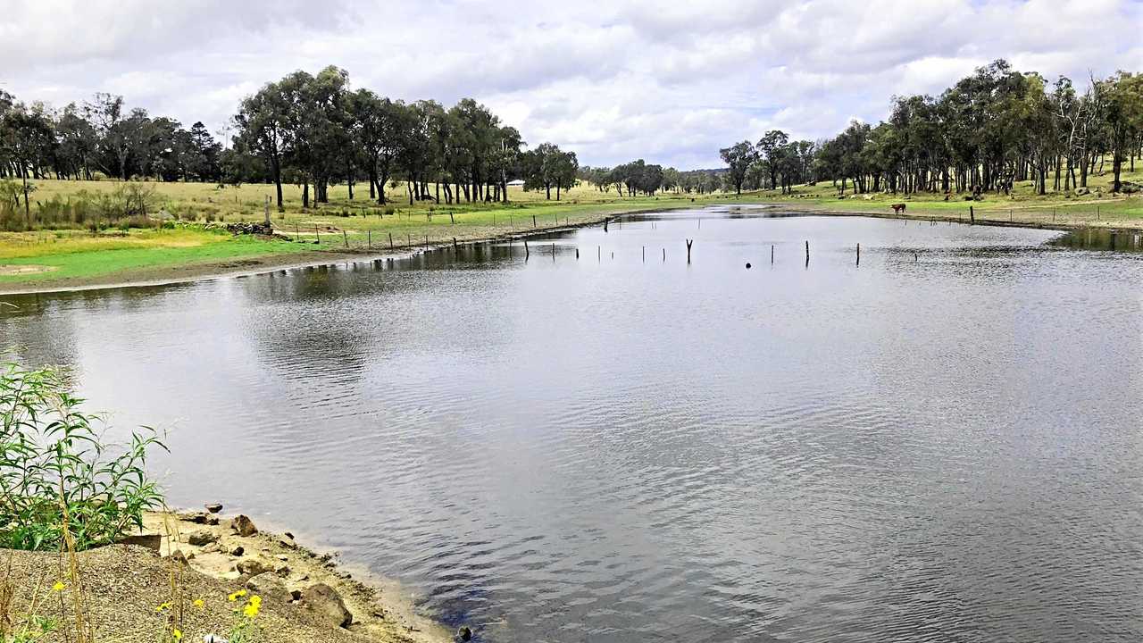 RUNNING OUT: The stumps from the old bridge at the dam are visible for the first time in years. Picture: Matthew Purcell