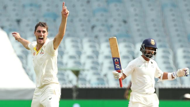 Pat Cummins sent down a fearsome spell to shock India — but couldn’t snare a hat-trick. Picture: Getty