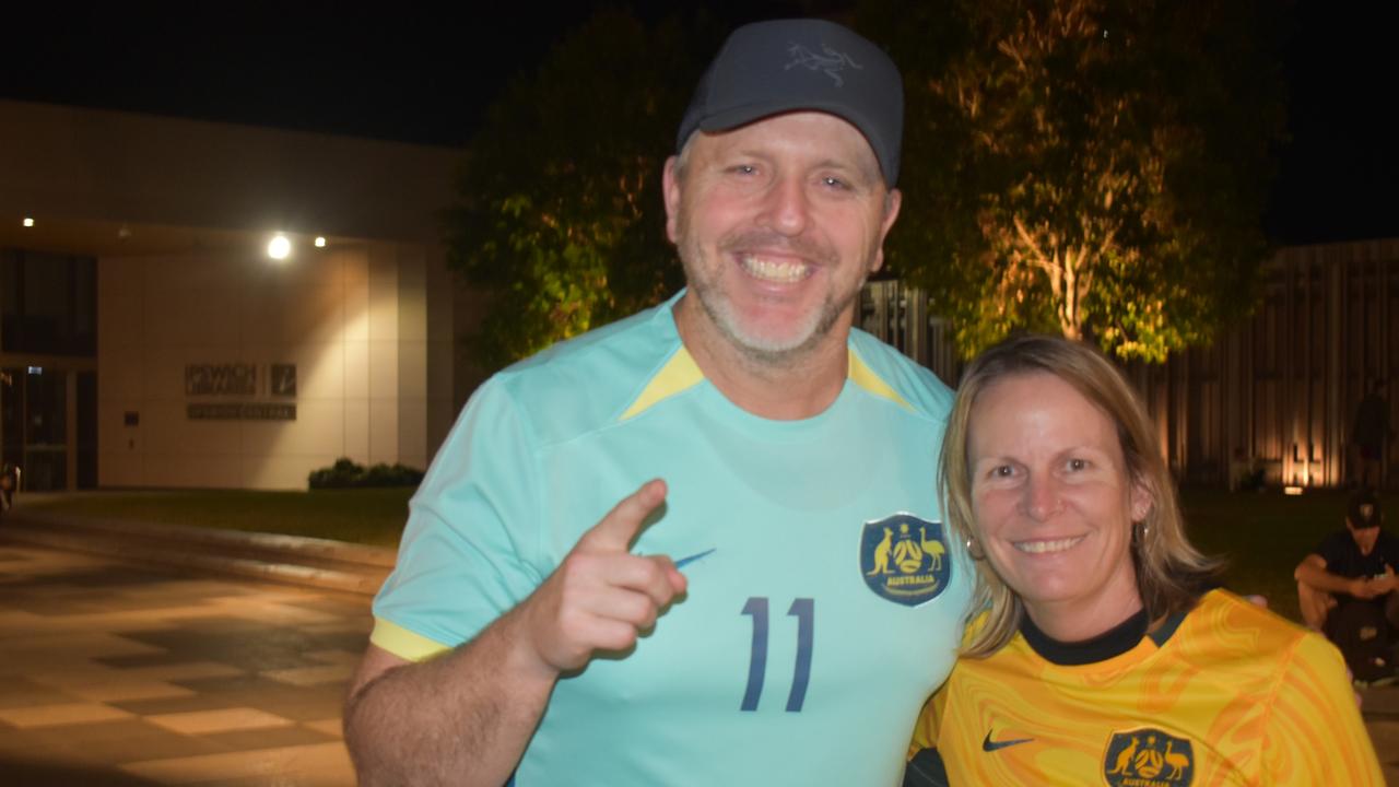 Tina Pearcy and Jed Lindley watching the Matildas vs England semi-final clash in Ipswich. Photos by Georgie Walker.