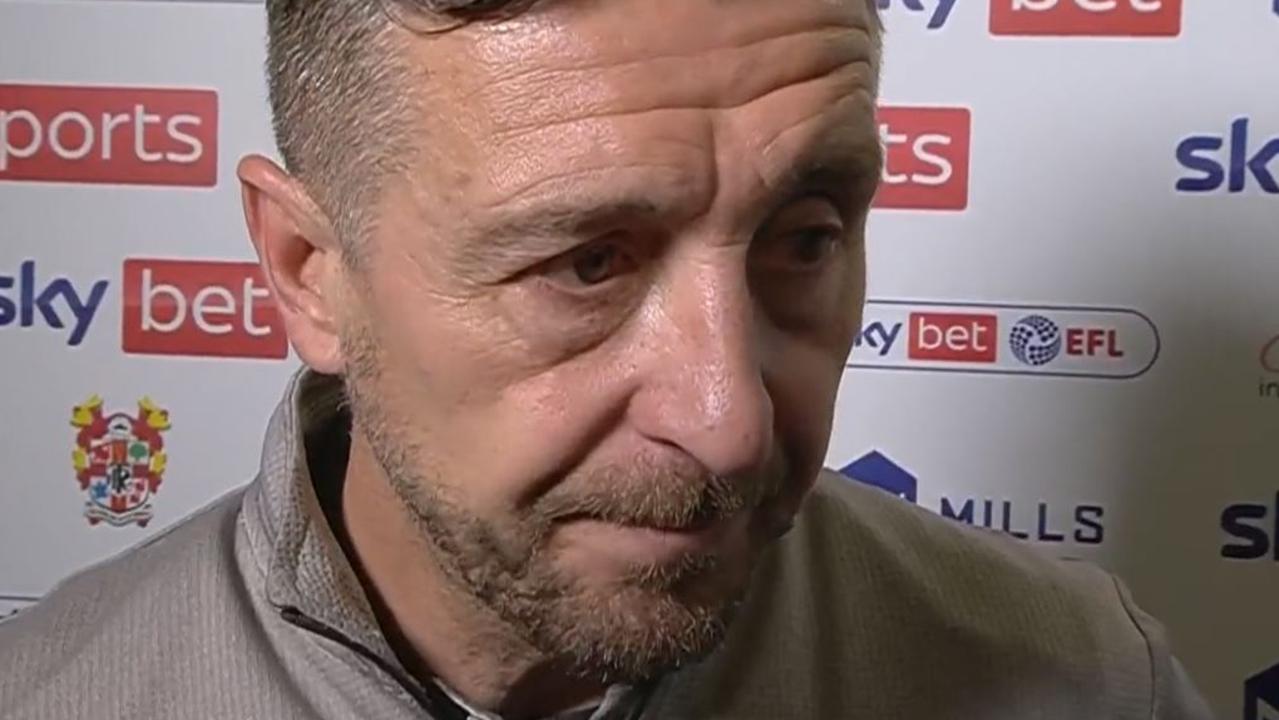 Jon Brady held back tears in an emotional interview after guiding Northampton Town to League One. Picture: Supplied