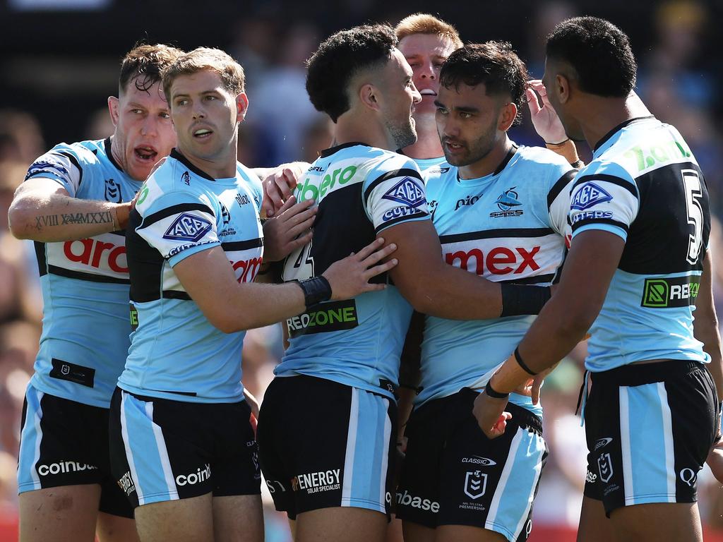 The Sharks celebrate after Briton Nikora scores. Picture: Getty Images