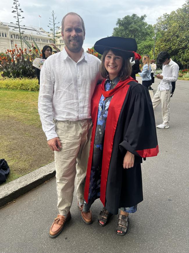 Alex Watkins and Dr Cynthia Sear (Doctor of Anthropology) at the University of Melbourne graduations held at the Royal Exhibition Building on Monday, December 16, 2024. Picture: Jack Colantuono