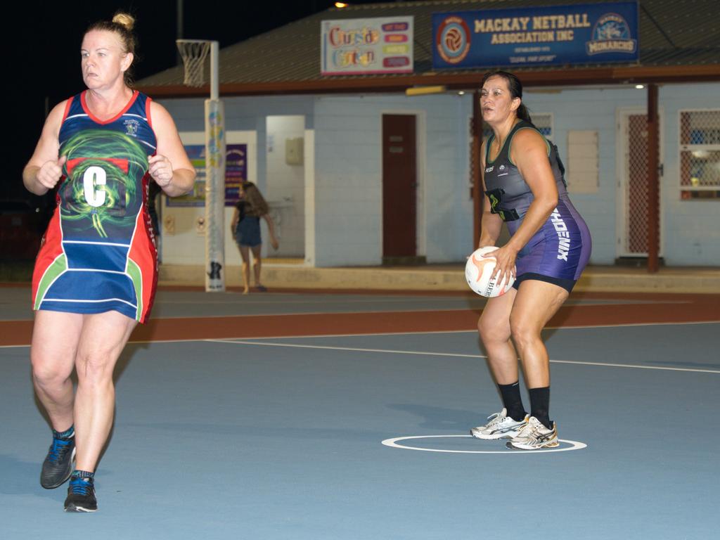 Melissa Ferrier anticipates a throw by Phoenix player Meraine Ford in the 2021 Mackay Netball Association seniors grand final. September 4th, 2021 Picture: Marty Strecker