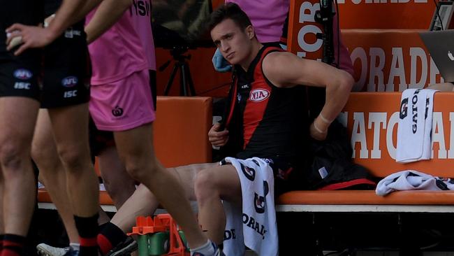 Orazio Fantasia on the bench after injuring his hamstring.