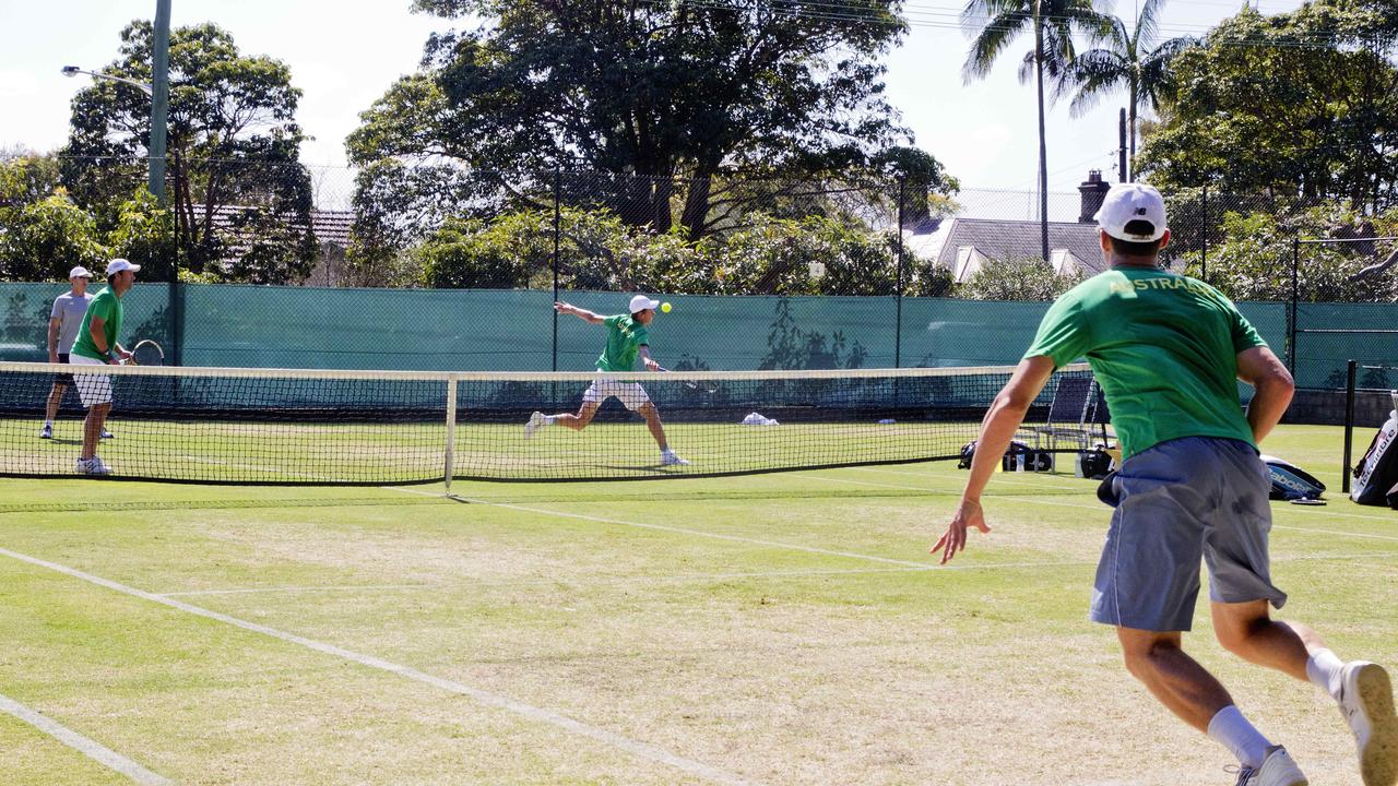 The 2016 Davis Cup Australian teams practising at Hunters Hill Lawn tennis club, Hunters Hill. Picture: Jenny Evans