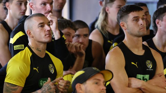 MELBOURNE. 23/05/2023. AFL.  Richmond coach Damien Hardwick press conference at Punt Rd today.   Dustin Martin and the playing group listen on    .  Pic: Michael Klein