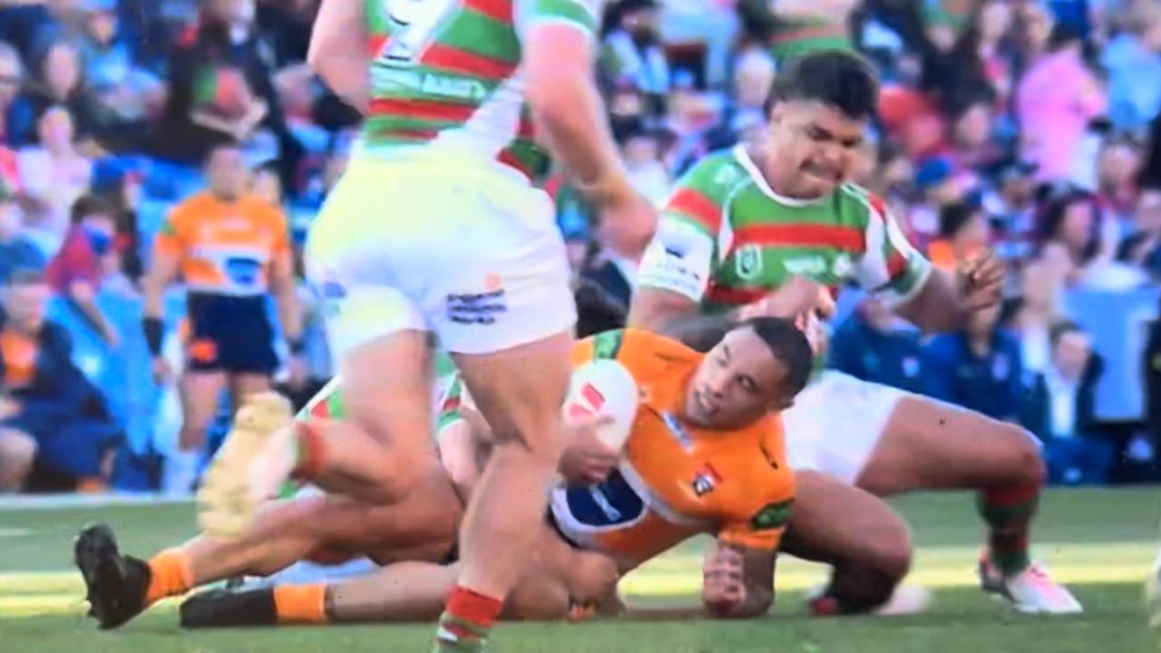 South Sydney's Latrell Mitchell was put in the sin bin for this shot. Picture: Fox League