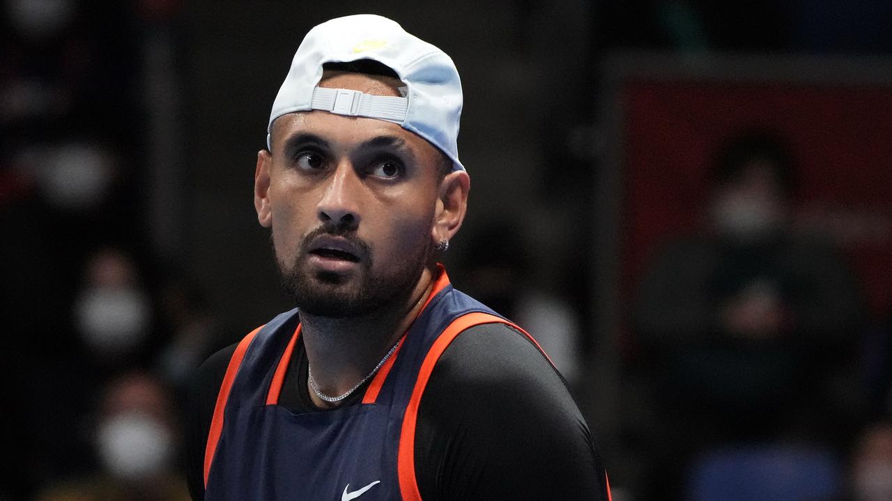 TOKYO, JAPAN - OCTOBER 06: Nick Kyrgios of Australia in actio Kamil Majchrzak of Poland during on day four of the Rakuten Japan Open at Ariake Coliseum on October 06, 2022 in Tokyo, Japan. (Photo by Koji Watanabe/Getty Images)