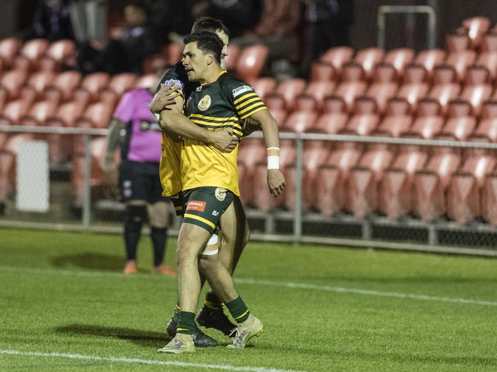 Warren Draper celebrates his try for Wattles. Picture: Kevin Farmer.