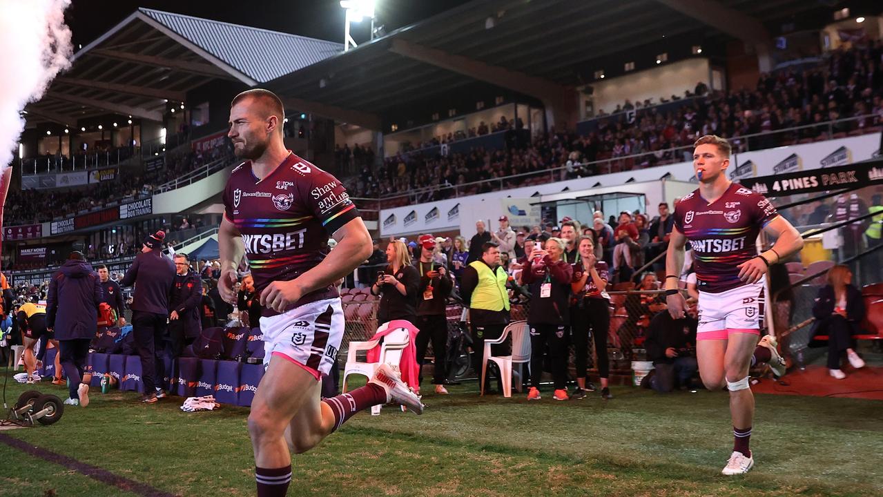 Kieran Foran runs out wearing Manly’s pride jersey. Picture: Cameron Spencer/Getty Images