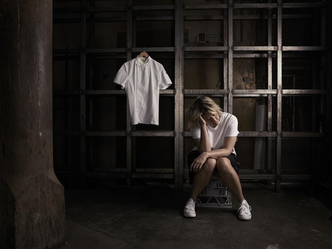 April 2020: Jacqui Challinor waits for construction to resume in the empty shell of her Nomad restaurant in Surry Hills. A fire late last year caused its closure then the pandemic shut her pop-up Nomad weeks after opening. Picture: Rob Palmer/Canon Professional