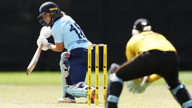 Phoebe Litchfield of NSW bats during the WNCL match between New South Wales and Western Australia at North Sydney Oval, on October 02, 2022, in Sydney, Australia. (Photo by Matt King/Getty Images)