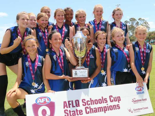 Mooloolaba primary girls won the AFLQ Schools Cup grand final over Oakleigh. Picture: Tom Threadingham