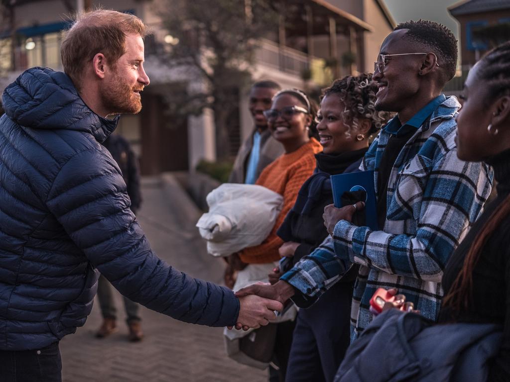 Harry appeared relaxed as he was greeted at a welcome event at Sentebale’s Mamohato Children’s Centre. Picture: Getty Images for Sentebale