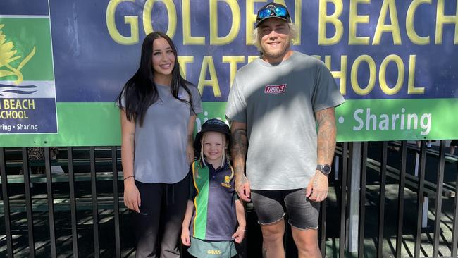 Makaela, Maxlynn, and Tristan on Maxlynn's first day of school at Golden Beach State School. Picture: Iwan Jones