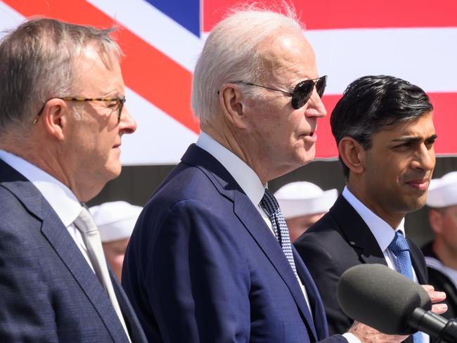 Australian Prime Minister Anthony Albanese, US President Joe Biden and British Prime Minister Rishi Sunak after a trilateral meeting during the AUKUS summit in San Diego. Picture: Getty Images