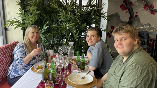 Michelle Parker, James Nagel and Oscar Bertei from Durack enjoying Christmas Day at Rydges Palmerston, 2022. Picture: Annabel Bowles