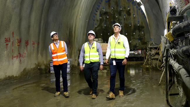 Jose Santonja (Project director Brisbane Move), Councillor Ryan Murphy and General Manager of Project (BCC) Steve Hammer inspect the Brisbane Metro tunnel. Picture: David Clark