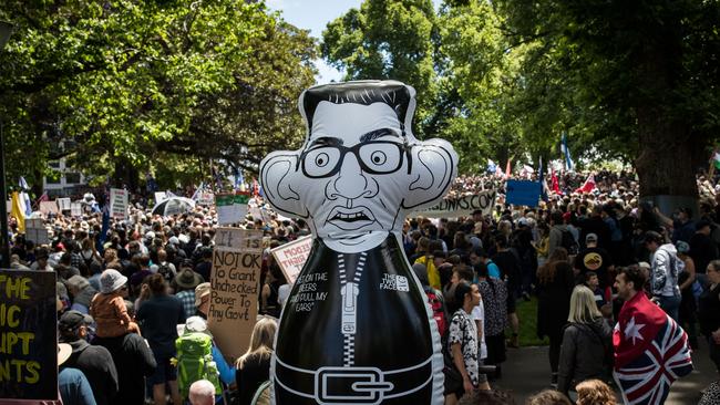 An inflatable caricature of then-Premier Daniel Andrews was a feature of anti-lockdown protests. (Photo by Darrian Traynor/Getty Images)