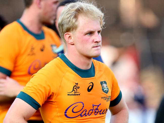 SANTA FE, ARGENTINA - SEPTEMBER 7:   Tom Lynagh of Australia looks dejected at the end of the Rugby Championship 2024 match between Argentina and Australia at Brigadier General Estanislao Lopez Stadium on September 7, 2024 in Santa Fe, Argentina. (Photo by Daniel Jayo/Getty Images)
