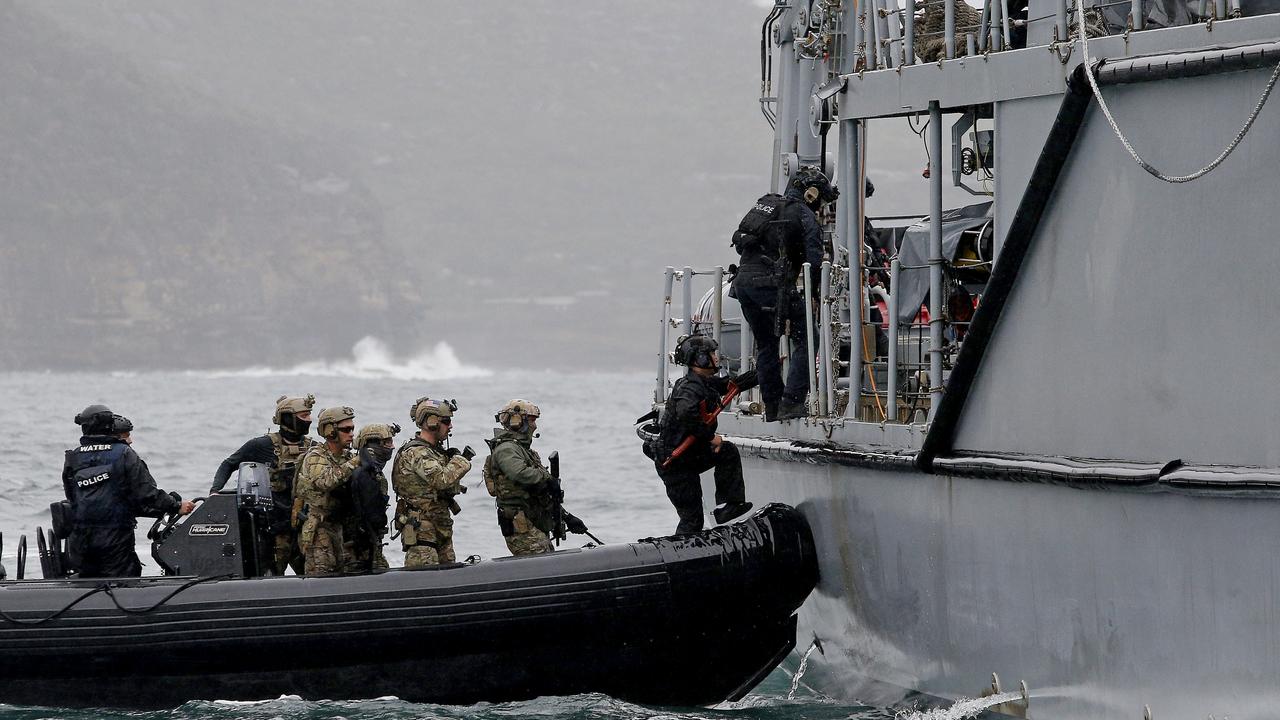 Officers boarded the HMAS Gascoyne as part of the boarding exercises. Picture: NewsWire / John Appleyard