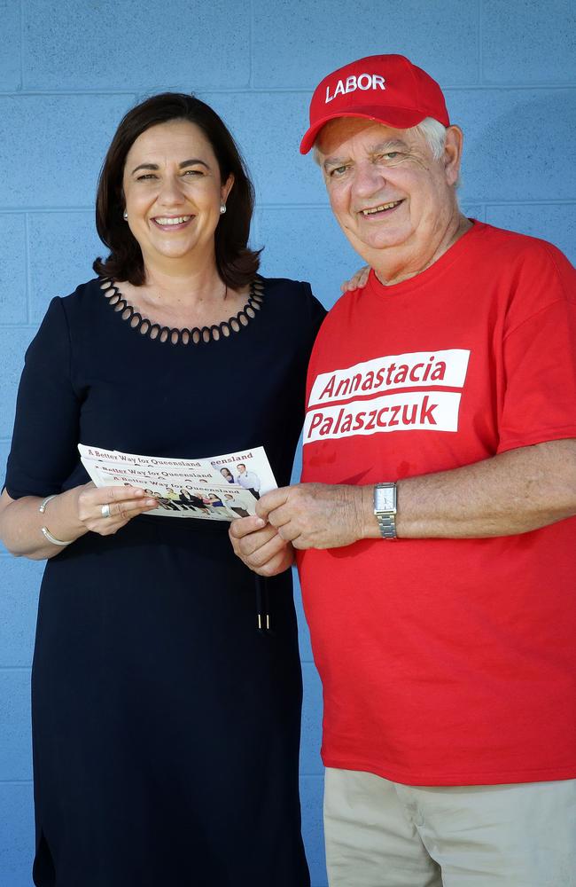 Premier Annastacia Palaszczuk with her father Henry Palaszczuk who formerly held the seat, election day, Richlands East State School polling booths. Photographer: Liam Kidston.