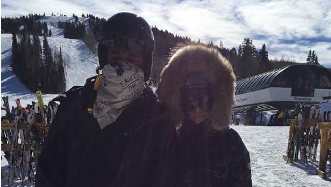 Ski trip ... Kim and Kayne snuggle up on the slopes. Picture: Instagram