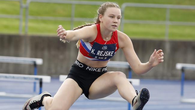 Keira Rejske from St Mary's Star Of The Sea in the hurdles. Pic: Chris Pavlich.