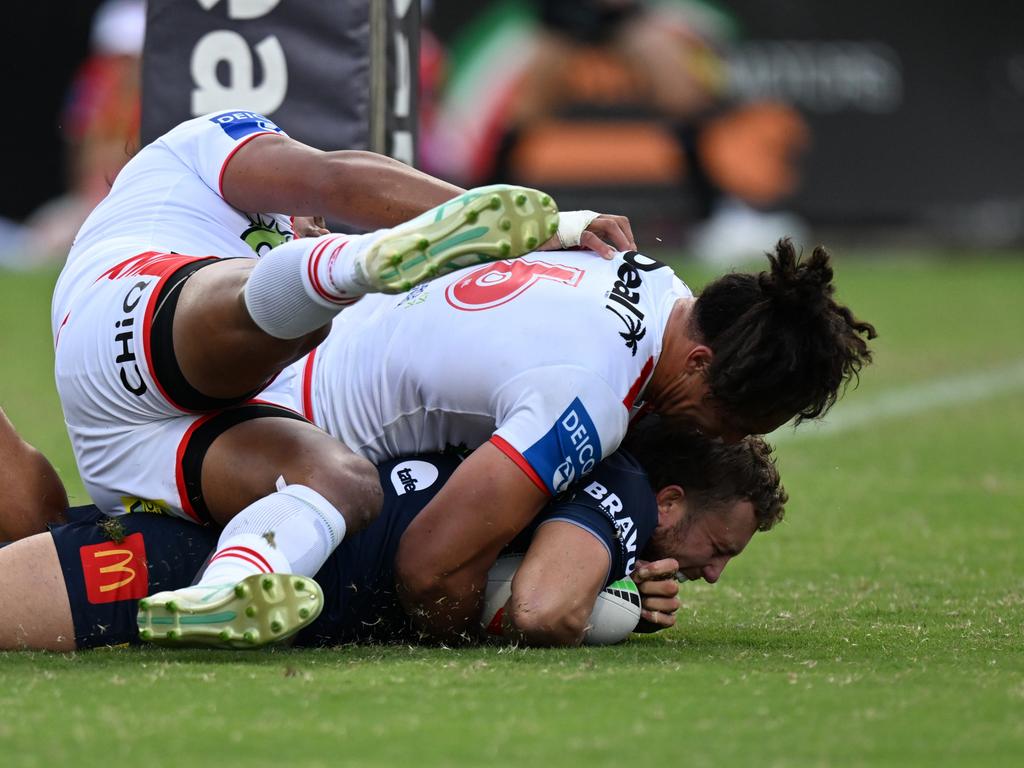 NRL photos. Sam McIntyre scores a try for North Queensland Cowboys