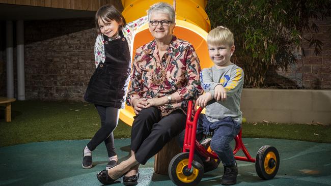 Early Childhood Australia Tasmania president Ros Cornish (centre) with Ada Roberts, 4 and Van Gill, 4 at Lady Gowrie Childcare Centre in South Hobart. Picture: LUKE BOWDEN