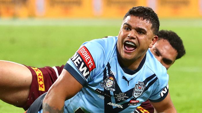 BRISBANE, AUSTRALIA - JUNE 27: Latrell Mitchell of the Blues celebrates after scoring a try during game two of the 2021 State of Origin series between the Queensland Maroons and the New South Wales Blues at Suncorp Stadium on June 27, 2021 in Brisbane, Australia. (Photo by Chris Hyde/Getty Images)