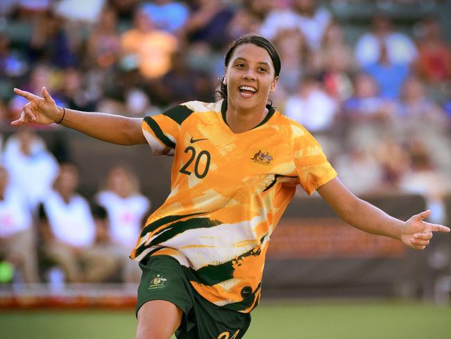 SUNDAY TELEGRAPH SPECIAL. SAM KERR, Australian soccer player.  CARSON, CA - AUGUST 03:  Sam Kerr #20 of Australia celebrates her goal to take a 6-1 lead over Brazil during the 2017 Tournament Of Nations at StubHub Center on August 3, 2017 in Carson, California.  (Photo by Harry How/Getty Images)