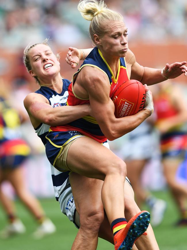 Crows mid-forward Erin Phillips marks in front of Geelong’s Jordan Ivey during Adelaide’s 66-point win in the AFLW preliminary final to march into the grand final, to be played at Adelaide Oval on March 31. PHOTO: Mark Brake/Getty Images