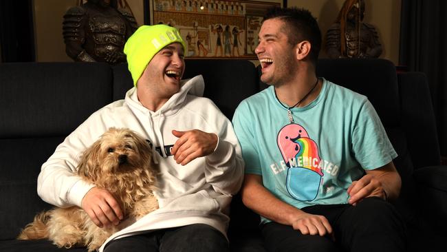 YouTube sensations RackaRacka – brothers Danny and Michael Philippou, with dog Scrappy, at their Adelaide home Picture: Tricia Watkinson
