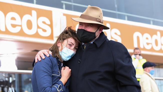 Assistant trainer Katherine Coleman with Peter Moody after Incentivise won the Caulfield Cup. Picture: Pat Scala – Racing Photos via Getty Images