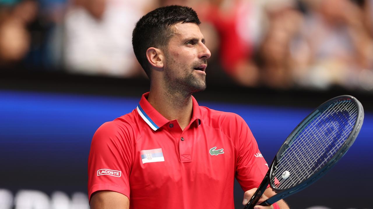 PERTH, AUSTRALIA - JANUARY 02: Novak Djokovic of Team Serbia looks on during his singles match against Jiri Lehecka of Team Czech Republic during day five of the 2024 United Cup at RAC Arena on January 02, 2024 in Perth, Australia. (Photo by Paul Kane/Getty Images)
