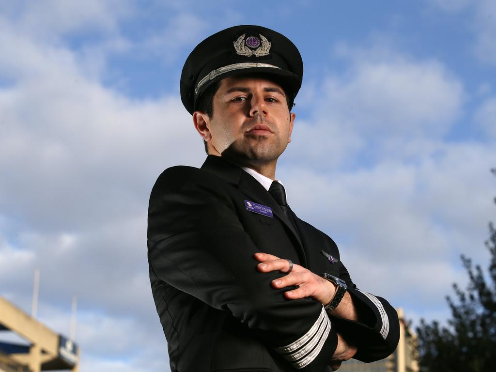 Virgin Australia pilot Daniel Vigilante has been working for the company for almost 10 years and has now been forced to work at Optus. He wants the company to be saved and feels it's integral to the Australian airline industry. Picture: George Salpigtidis