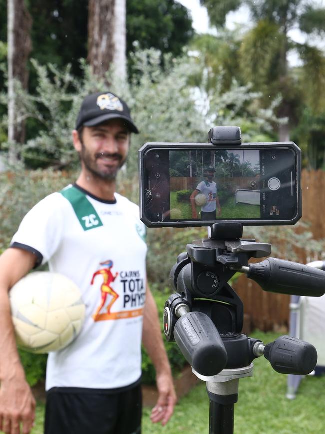 Zenon Caravella from Caravella Football Academy has been running live football sessions in his backyard so his students can keep their skills sharp during the coronavirus pandemic. PICTURE: BRENDAN RADKE.