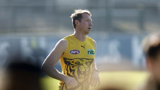 Injured Richmond co-captain Dylan Grimes jogs laps of Punt Rd Oval. Picture: Getty Images