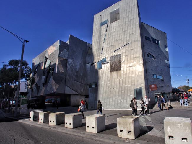 Concrete bollards were installed at Federation Square on June 10. Picture: Hamish Blair.