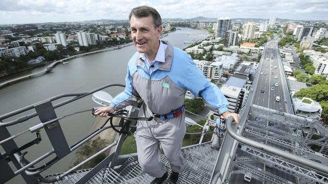 Lord Mayor Graham Quirk announcing from the top of the Story Bridge that he will invest in major upgrades to New Farm Park and Kangaroo Point Cliffs as part of a $2.1 million boost to the cityÕs booming tourist offering. Photo Mark Cranitch.