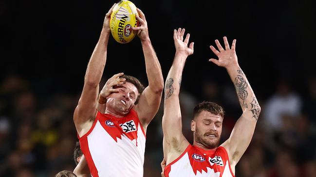 Hayden McLean and the Sydney forwards can’t afford to let Jacob Weitering control the air for Carlton. Picture: Michael Klein