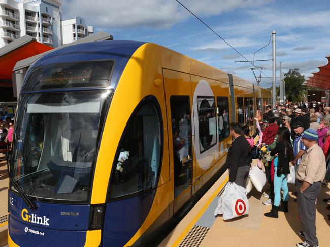 The Gold Coast G Tram took its first members of the public today with free travel on offer along the entire route from Broadbeach to the Gold Coast University Hospital. Crowds waiting for a ride on the tram.Picture by Scott Fletcher