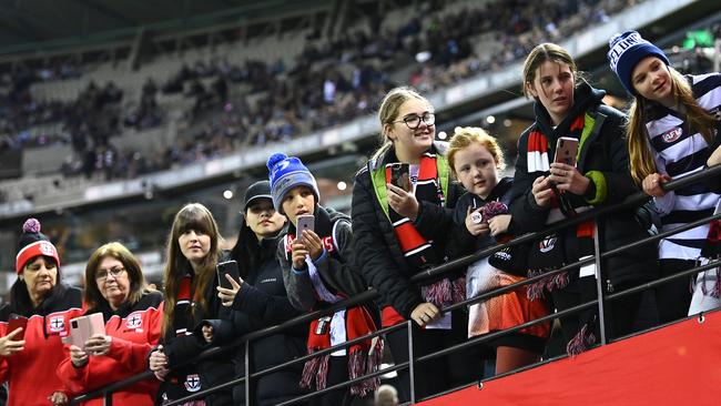 St Kilda and Geelong fans at Marvel Stadium on Friday. Picture: Getty Images