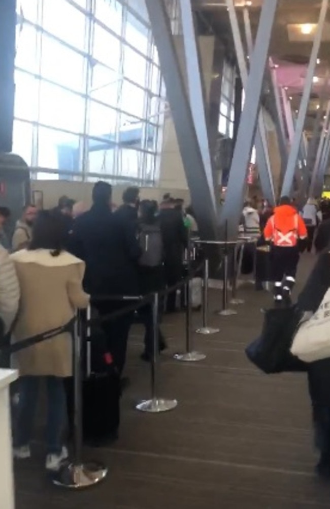 Sky News’s political editor Andrew Clennell shared footage bypassing one line and going to join another due to the timing of his flight. Picture: Twitter/aclennell