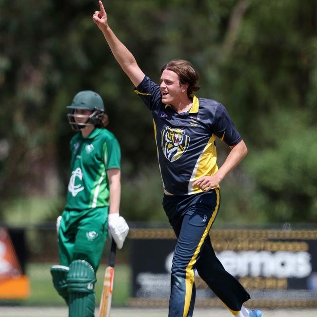 Harry Dixon of Balwyn bowling celebrates his wicket. Picture: Georg Sal