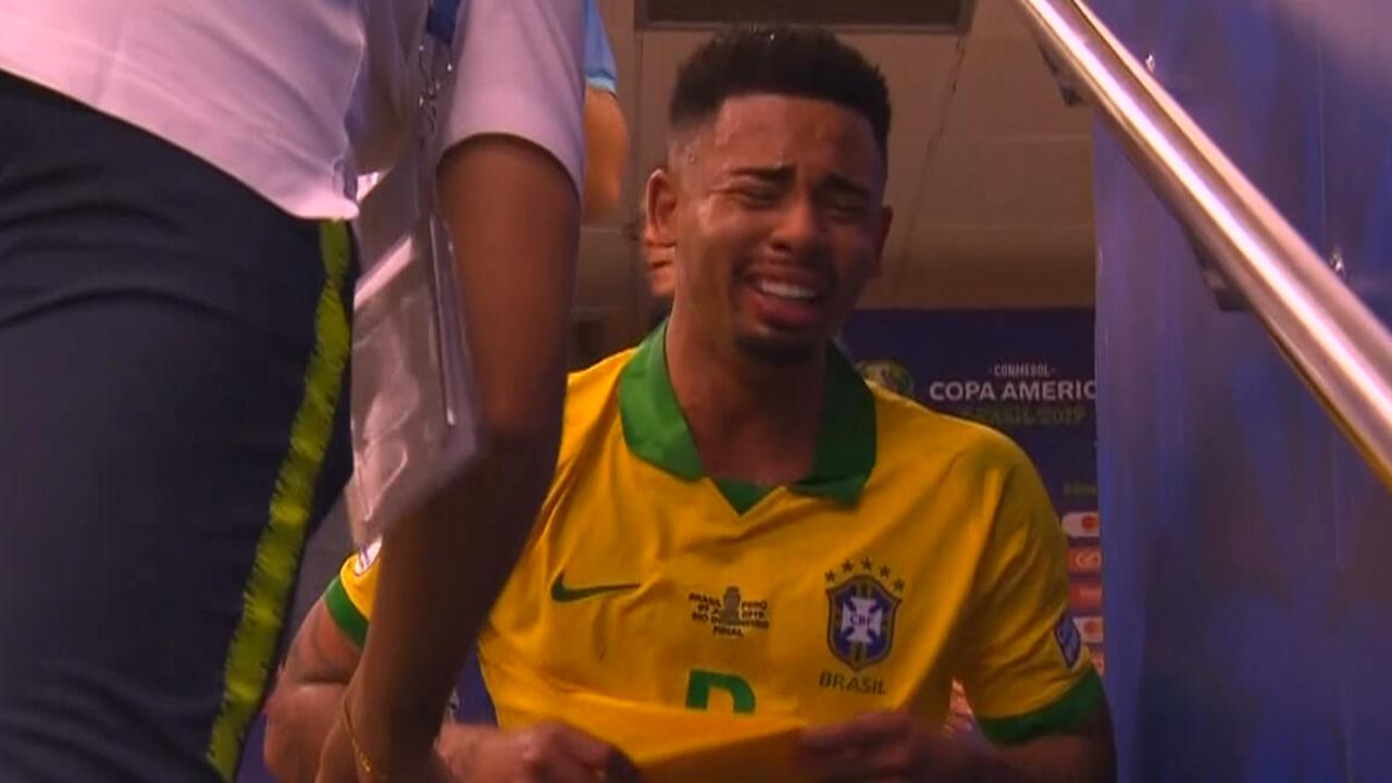 Gabriel Jesus in tears after being sent off.