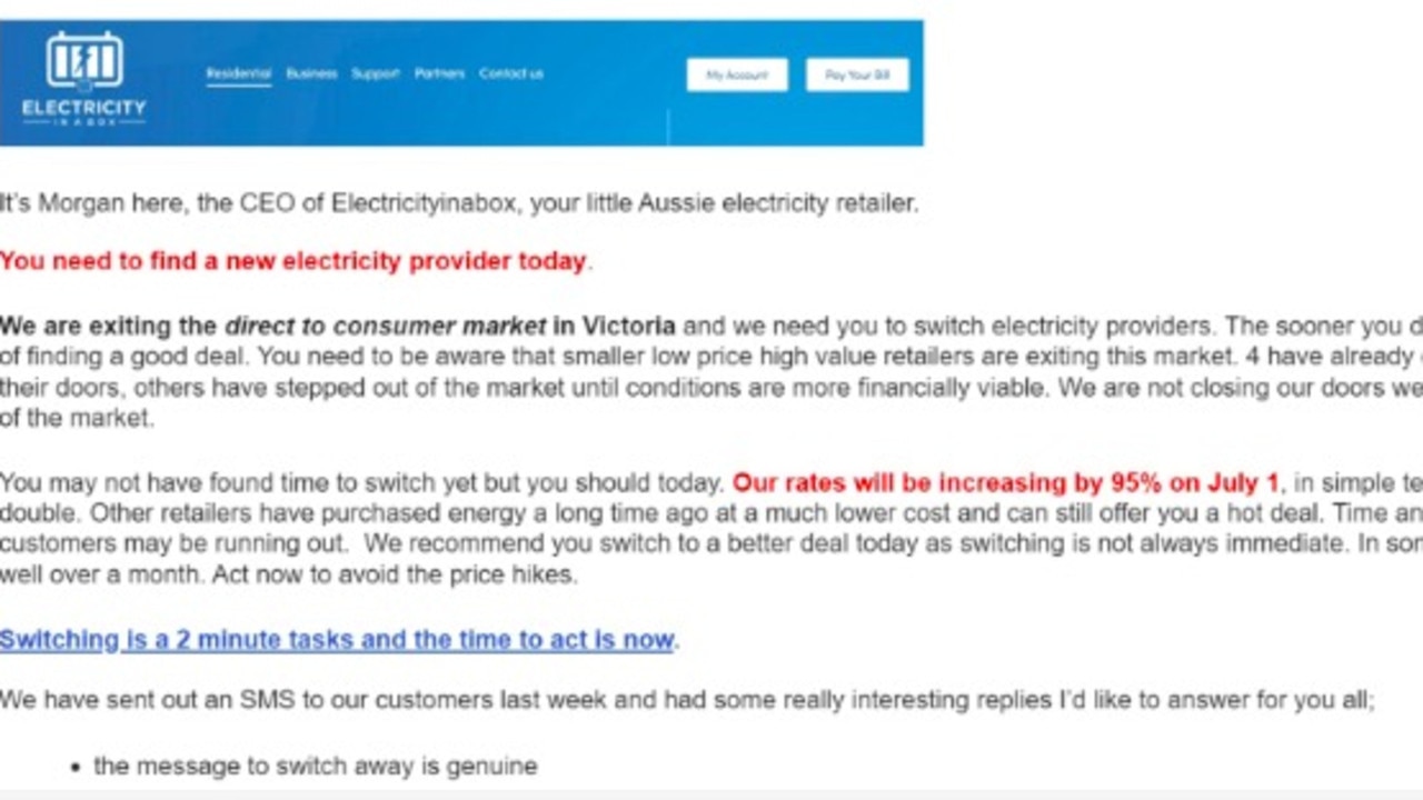 The blunt email sent by Electricityinabox last month.