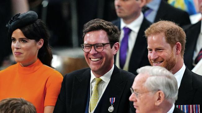 Princess Eugenie, Jack Brooksbank and Prince Harry attend the National Service of Thanksgiving at St Paul’s Cathedral. Picture: Aaron Chown / POOL / AFP