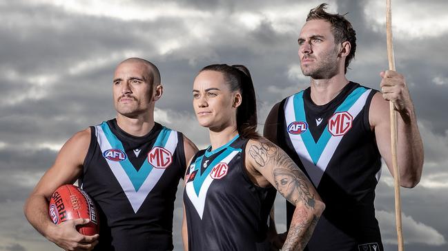 Tuesday, 9th May, 2023 - Port Adelaide has announced it will rename itself Yartapuulti Football Club for the AFLÃ¢â¬â¢s Sir Doug Nicholls Rounds and Fixture AFLW Indigenous Rounds. Sam Powell-Pepper, Gemma Houghton Jeremy Finlayson. Picture Sarah Reed